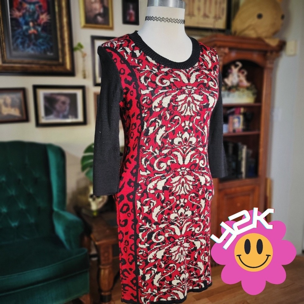 Y2K Rave Red Black Baroque Knit Sweater Dress Small Made in USA 2000s Emo Goth